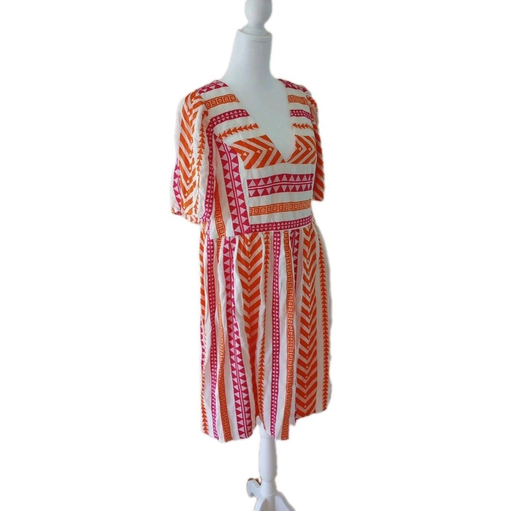 Old Navy Dress Medium Tall Orange Pink White Boho Stripe V Neck Short Sleeve